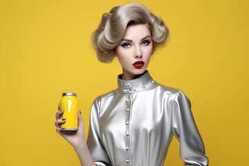 Beautiful white woman with soda can on color background - obrazy, fototapety, plakaty