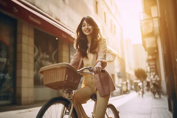 Poster Full-length body size side profile photo of a cheerful girl riding bicycle on vibrant color background © Canvas Alchemy