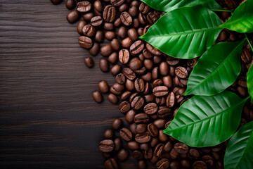 Coffee beans in background with leaves, in the style of distressed and weathered surfaces, use of common materials, national geographic photo, bentwood, velvia, organic materia