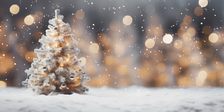 Christmas background. Xmas tree with snow, decorated with garland lights, holiday festive background and copy space