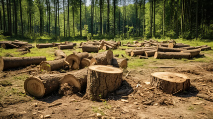 Many tree stumps in summer forest