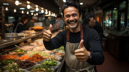 The man laughs and gives a thumbs up. man in the food market. Generative AI