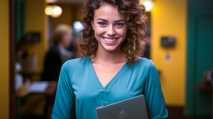 Compassionate social worker exuding trust, authenticity with a genuine smile, holding Social Benefits folder against plain backdrop - symbol of empathy and reliability.