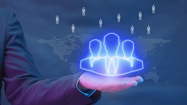Businessman holding virtual human icon for focus customer group or human recruitment and development. Human resource management concept.