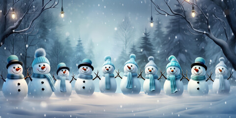 Fototapeta na wymiar Merry Christmas and happy New Year greeting card with copy-space. Many snowmen standing in winter Christmas landscape