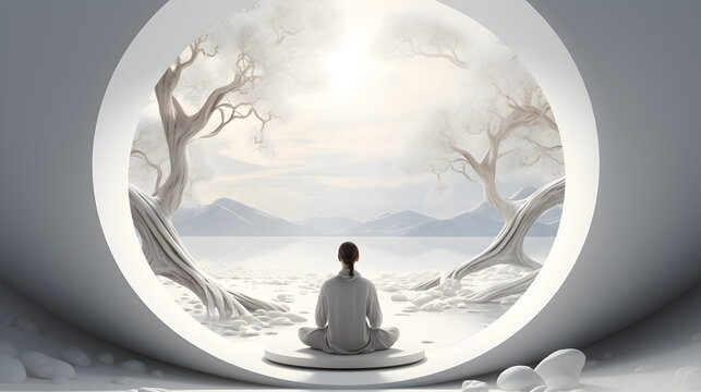 Young woman sitting meditating, relaxing body and mind, Mental health and meditation concept, Mindfulness and no stress, Generative AI