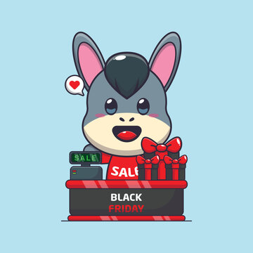 cute donkey with cashier table in black friday sale cartoon vector illustration