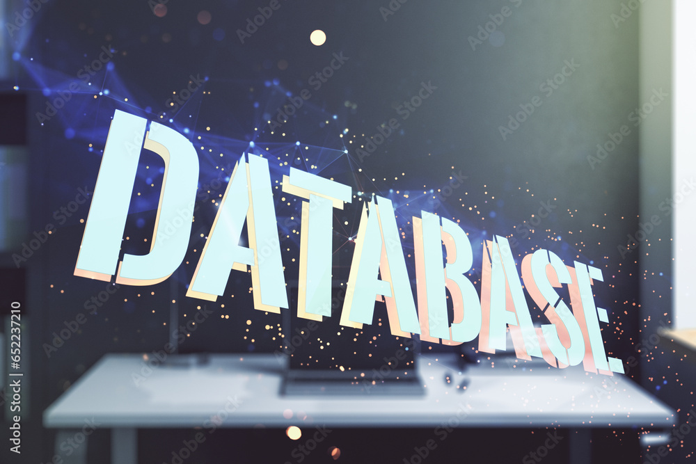 Aufkleber double exposure of creative database word hologram and modern desktop with laptop on background, res