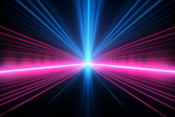 Fototapeta na wymiar Neon light abstract background. Data transfer. Fast network. Tunnel or corridor pink blue neon glowing lights. Futuristic laser lines and LED create glow. Cyber club neon light. Sci fi.