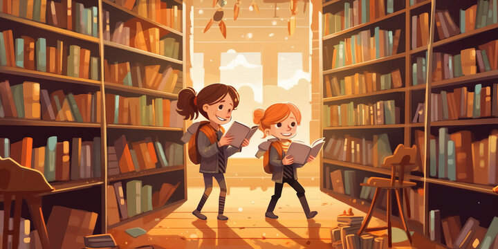 Children borrow books from librarians in school libraries,vector illustration