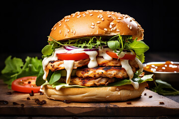A grilled chicken burger complemented by a dollop of spicy aioli, adding a zesty kick to the dish
