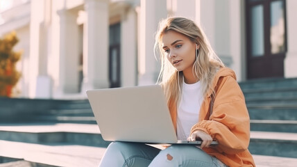 College student girl making report with laptop , sitting at school building. - obrazy, fototapety, plakaty