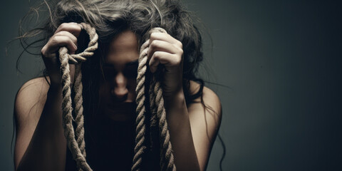 Powerful representation of a tearful woman bound by ropes, symbolizing victimhood in domestic violence. Ideal for awareness campaigns or women's rights initiatives. - obrazy, fototapety, plakaty