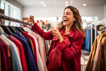 Woman feeling thrilled and enthusiastic while shopping for clothes during a sale event. - obrazy, fototapety, plakaty
