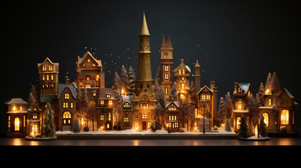 Fototapeta na wymiar Miniature winter houses composition with lights and Christmas trees under snow. AI Generative