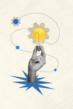 Poster collage conceptual photo image of human arm hold lamp bulb brillint ide great plan conclusion solution isolated on drawing background