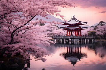 cherry blossoms bloom on the riverbank, with a view of the Japan temple