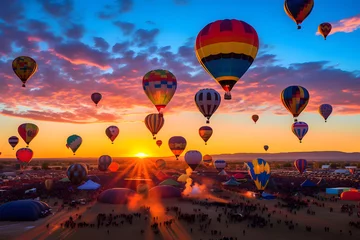Crédence de cuisine en verre imprimé Ballon Hot air balloons flying at sunrise (with the Sandia Mountains in the background, Albuquerque International Balloon Fiesta, New Mexico