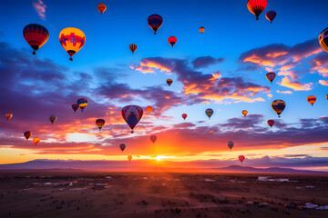 Hot air balloons flying at sunrise (with the Sandia Mountains in the background, Albuquerque International Balloon Fiesta, New Mexico - obrazy, fototapety, plakaty