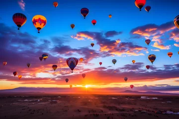 Poster Hot air balloons flying at sunrise (with the Sandia Mountains in the background, Albuquerque International Balloon Fiesta, New Mexico © manof