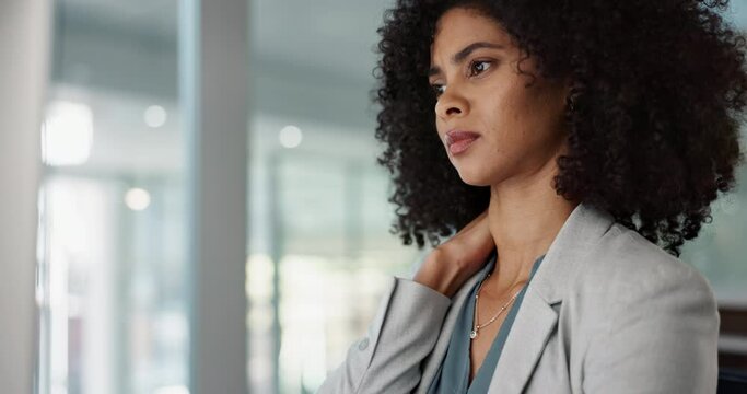 Neck pain, business and black woman with stress and burnout in office and massage muscle or joint at desk. African employee, person and administrator overworked, tired and anxiety with work injury