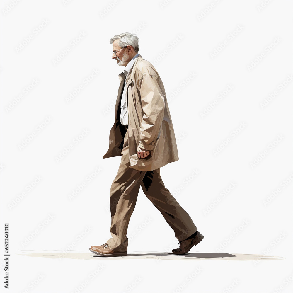 Wall mural portrait of mature man walking, transparent, isolated in white