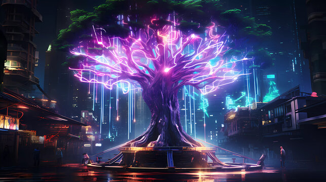 Cyberpunk Retro Futuristic Tree with Neon Lights