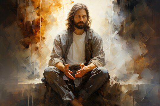 A painting of jesus sitting on a bench. Digital art.