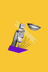 Creative drawing collage picture of hand hold retro old vintage handset telephone cord wire female...