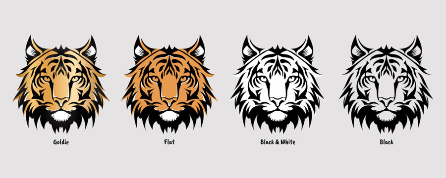 Tiger head image with four color styles: black, black and white, flat, and golden