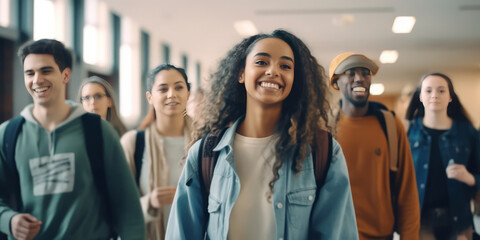 Obraz premium Multiracial students are walking in university hall during break and communicating.