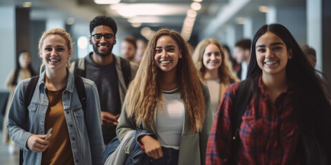 Fototapeta premium Multiracial students are walking in university hall during break and communicating.