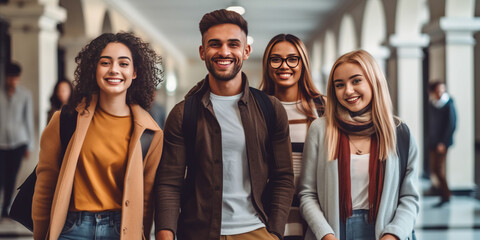 Multiracial students are walking in university hall during break and communicating.