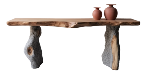 Chest of drawers, console with naturalistic shapes, wooden top, wabi sabi style console isolated on the transparent background PNG.