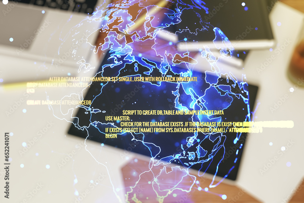 Poster multi exposure of abstract software development hologram with world map and digital tablet on backgr