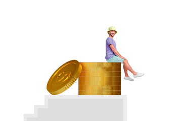 Banner picture collage of positive happy guy sitting golden coins rejoice wealth luxury life...