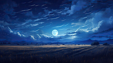 Wheat fields under a sapphire sky, bathed in moonlight. AI generative - obrazy, fototapety, plakaty