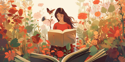 Young woman opening a huge open book surrounding the many flowers, leaves, plants. Back to school, library concept design. Vector illustration, poster and banner Book festival concept - obrazy, fototapety, plakaty