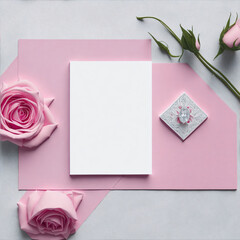 Invitation card, greeting card ,wedding card,Card Mockup with a pink rose diamond ring