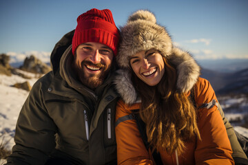 Portrait of happy young couple sitting on snow during winter hike in mountains. Generative Ai. 