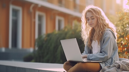 College student girl making report with laptop , sitting at school building.generative ai