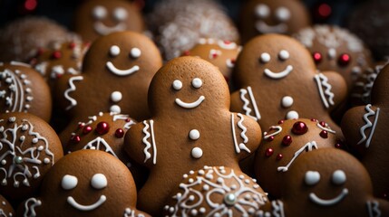 Gingerbread men cookies, decorated with white icing. Funny and happy festive table for Christmas and winter holidays. Generative Ai. 