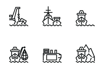 Marine industry linear icons set.