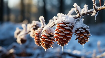 Winter Background with snow branches tree leaves and snowflakes on background Holiday Christmas greeting card. Generative Ai.