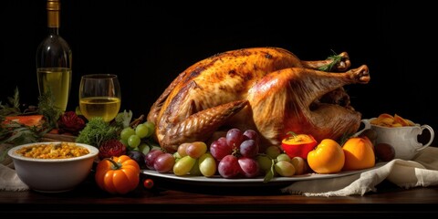 thanksgiving dinner includes a turkey and vegetables on a white platter, generative AI
