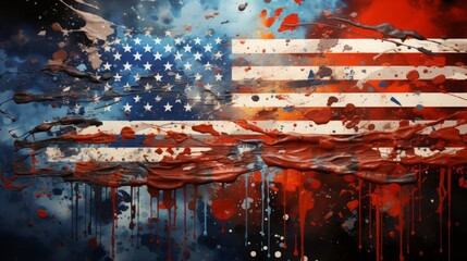 United States of America flag with blood splashes on grunge background. Generative Ai. 