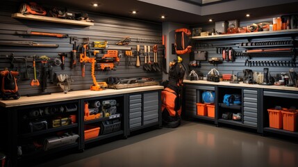 The garage storage shelves are lined with neatly organized automotive tools and supplies. - obrazy, fototapety, plakaty