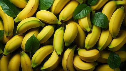 Banana background. Bunch of yellow bananas with green leaves. Generative Ai. 