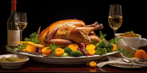 thanksgiving dinner includes a turkey and vegetables on a white platter, generative AI