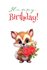 A cartoon fox holding a rose in its paws. Happy Birthday greeting card.